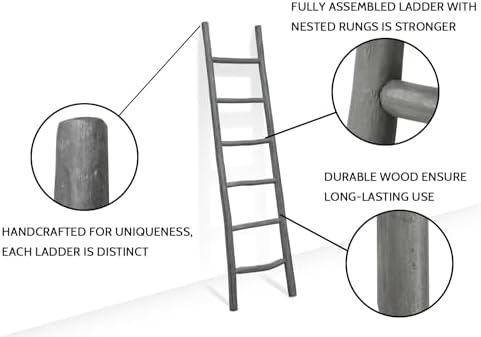 FUIN Blanket Ladder, 6ft Rustic Solid Wood Decorative Ladder, Grey - Image 3