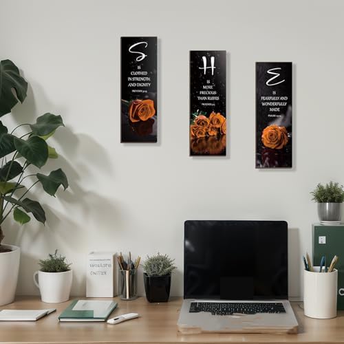 DONFENTHY 3 Pcs Orange Bedroom Decor Orange Rose Wooden Bathroom Wall Decor Inspirational Farmhouse Office Signs With SHE Bible Words Decor For Women Bedroom Home (12x4Inch) - Image 2