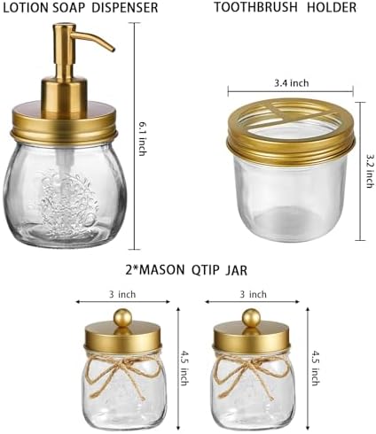 Amolliar Glass Mason Jar Bathroom Accessories Set 4 Pcs (Gold) - Image 2
