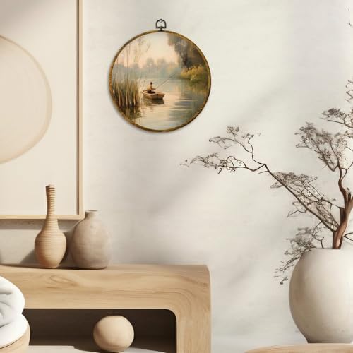 CUANFDDSF Vintage Fishing Round Wall Art, Fisherman In Rowboat Sunset Landscape Framed Hanging Wall Decor, Countryside Cottagecore Canvas Prints Decorations for Lake House Room, 10x10 Inch - Image 2
