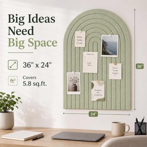 Large Arched Felt Bulletin Board, Sized 36" x 24" for Office & Wall Decor – 6 Customizable Adhesive Tiles with Pins are Perfect to Display Your Photos (Sage Green-A) - Image 2