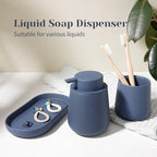 INGOFIN 3 Pcs Ceramic Bathroom Accessory Set - Liquid Soap Dispenser, Toothbrush Holder & Tray, Bathroom Counter Set, Countertop Essentials for Home, Guest Bathroom, or Office Use, Matte Blue - Image 3