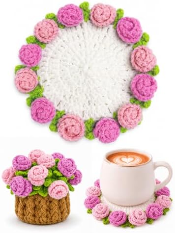 Crochet Flower Bouquet Coasters, Cotton Rose Gifts for Home Decor 4Pcs by KQJS
