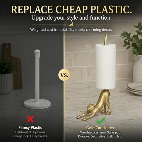 WallCharmers Gold Cat Paper Towel Holder & Metal Toilet Paper Holder Stand - Image 6