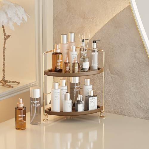 FSyueyun 2-Tier Corner Bathroom Counter Organizer, Gold & Brown - Image 5