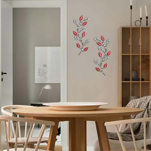 sxnzequnze 2 Set Metal Tree Leaf Wall Art for Home Decor Living Room Bedroom Dining Room Bling Rhinestone, 3D, Iron Branch Hanging Leaf Sculpture Art Pieces -Red 16.5in*6.7in - Image 3