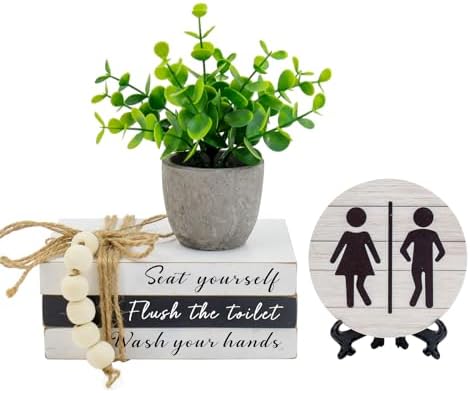 Bathroom Shelf Decor Signs, Book Stack and 3D Round Signs With Fake Plants, Funny Wooden Decor for Restroom Shelf Guest Bathroom (Flush the toilet) by Lebsitey
