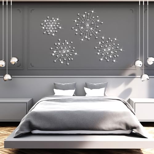 Blulu 4 Pcs Silver Wall Decor, Bling Crystal Starburst Metal Wall Art - Image 4