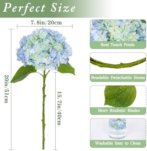 Waipfaru Hydrangea Artificial Flowers, 4PCS Real Touch Flowers, 20" Faux Hydrangea Flowers, Latex Real Touch Hydrangeas, Fake Flowers for Home Decor Party Bouquet Wedding Decoration, Blue - Image 2