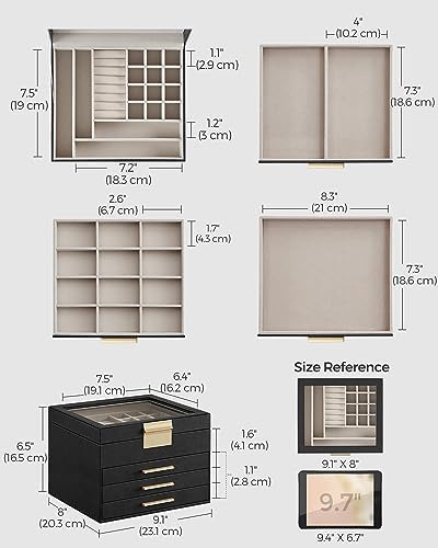 SONGMICS Jewelry Box Organizer, 4-Layer Storage with 3 Drawers, Glass Lid - Image 6