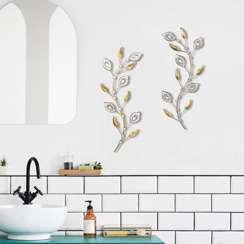 sxnzequnze 2 Set Metal Tree Leaf Wall Art for Home Decor Living Room Bedroom Dining Room Bling Rhinestone, 3D, Iron Branch Hanging Leaf Sculpture Art Pieces -Gold 16.5in*6.7in - Image 6