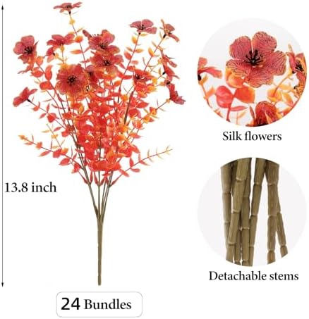 24 Bundles Artificial Fall Flowers Outdoor UV Resistant Fake Mums Bulk Outdoor Faux Mums Plants Plastic Flower Decorations for Home Garden Porch Hanging Planter Vase Autumn Decor Outside, Orange - Image 2