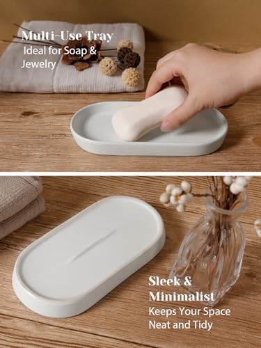 INGOFIN 3 Pcs Ceramic Bathroom Accessory Set - Liquid Soap Dispenser, Toothbrush Holder & Tray, Bathroom Counter Set, Countertop Essentials for Home, Guest Bathroom, or Office Use, White - Image 4