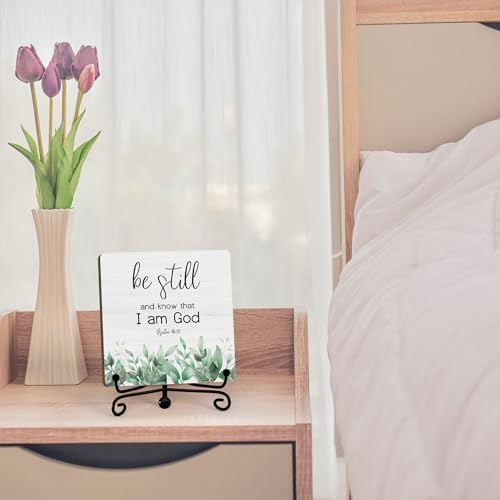 Inspirational Christian Desk Decor, Be Still And Know That I Am God Eucalyptus Sign, Desk Decorations For Office Home Living Room Bathroom, Eucalyptus Shelf Decor, Wooden Plaque With Stand (09) - Image 4