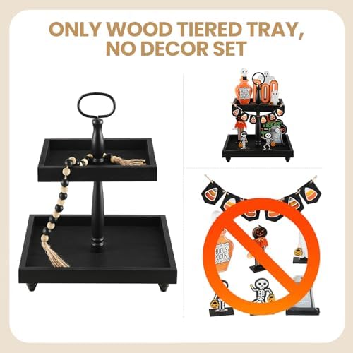 Tiered Tray Stand, Rustic Wooden 2 Tier Decorative Tray with Bead Garland, Farmhouse Square Wood Serving Tray Counter Centerpiece for Coffee Bar Home Decor Holiday Holloween Housewarming Gifts (Black) - Image 4