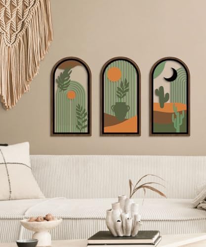 Putuo Decor Boho Wall Decor with Cactus, Modern Wooden Minimalist Wall Decor, Abstract Green Room Decorations 16x8 In Mid Century Artwork for Living Room Bedroom Office in Desert Green Set of 3 - Image 2