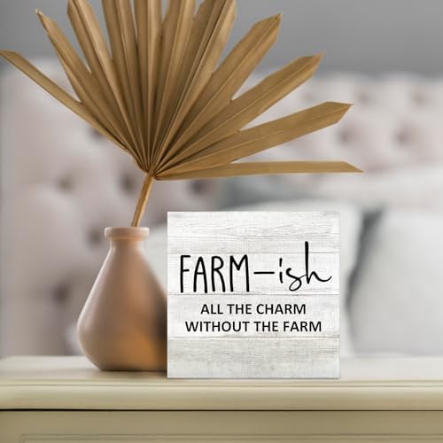 Rustic Farmhouse Wood Box Sign, Farmhouse Desk Shelf Decor, Farm-Ish All the Charm without the Farm Wooden Block Plaque Box Sign for Farmhouse Home Living Room Bedroom Table Decor - Image 2