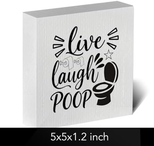 Funny Rustic Bathroom Decor Wooden Box Sign 5x5 Inch - "Live, Laugh, POOP" Humorous Restroom Shelf Wall Countertop Ornament, Farmhouse Style Decor for Guest Bathroom & Housewarming Gif - Image 2