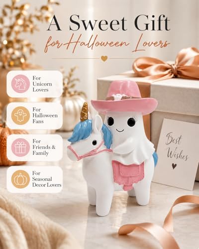 Halloween Ghost Unicorn Figurine, Resin Ghost Riding Unicorn Statue with Pink Hat, Cute Spooky Tabletop Decor for Shelf, Mantel, Tiered Tray, Desk, Home Decorations Pastel Gift (Pink Ghost Rider) - Image 3