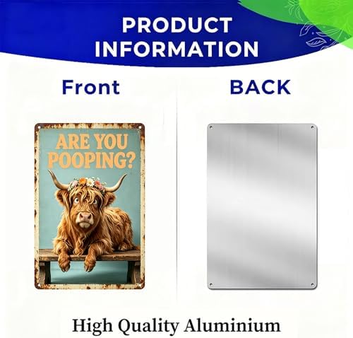 Funny Highland Cow Floral Crown Art with ARE YOU POOPING? Quote,Solid Durable Aluminum Sign,Vintage Farmhouse Decor for Bathroom Restroom Wall, Multipurpose Novelty Home Gift Plaque 8 x 12 Inch - Image 6