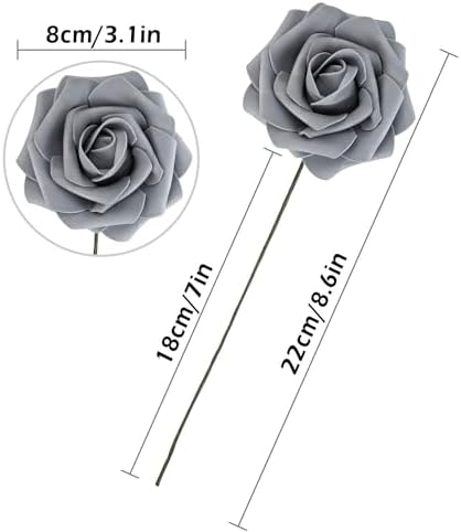 Artificial Flower Foam Rose 25pcs Real Looking Fake Rose with Stems Leaves for Home Decoration Party Garden Centerpieces DIY Wedding Bouquets（Grey） - Image 4