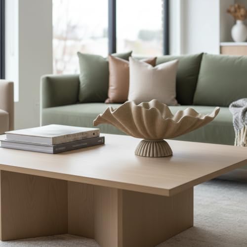 16" Large Decorative Bowl decor , Modern Home Decoration Scallop Bowl,Fashion Key Bowl for Entrance Table, Decorative Fruit Bowl for Kitchen Counter, Ruffle Decor, With Base, Artificial Stone Beige - Image 6