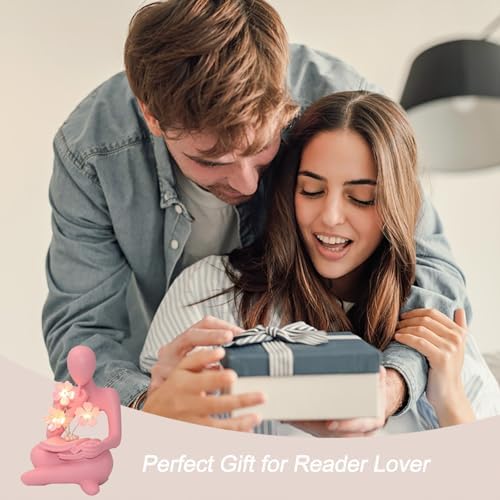 Bookshelf Decor Thinker Statue, Battery Powered Night Light, Modern Abstract Reading Figurines Home Decoration, Aesthetic Living Room Shelf Table Decor, Book Lover Gifts (Pink) - Image 5
