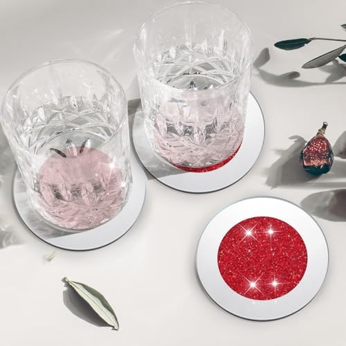 Jetec Mirrored Glass Coaster Set of 6 with 1 Holder 4" Crushed Diamond Round Cup Mat Glitter Crystal Rhinestone Glass Coaster Bling Table Decor for Bar Kitchen Gift for Christmas(Red,4 Inch) - Image 4