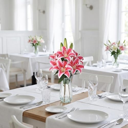 Garvee Faux Lily Flowers with Vase, 6 Heads Full Bloom Lily & 3 Buds, Long Stem Artificial Stargazer Lilies, Faux Tiger Bouquets in Glass Vase for Home Hotel Flower Arrangement Party Decor, Rose Red - Image 2