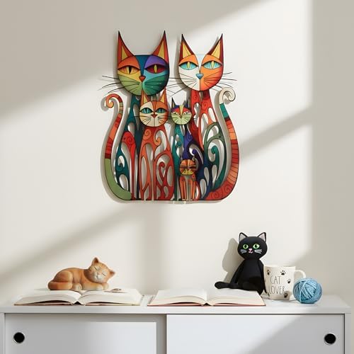 Wesiti Metal Cat Wall Art 11x11.8in Colorful Retro Iron Sculptures - Image 3