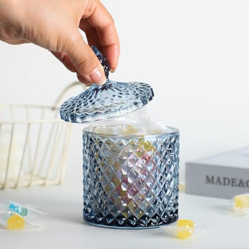 Sizikato Diamond Faceted Crystal Glass Candy Jar with Lid, Blue Decorative Jar, Jewelry Box, Cotton Swab Storage Holder. - Image 4