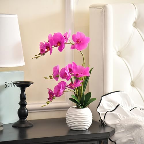 Artificial Large Real Touch Orchid Flowers with White Ceramic Vase, Fuchsia - Image 5