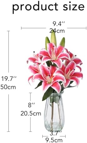 Garvee Faux Lily Flowers with Vase, 6 Heads Full Bloom Lily & 3 Buds, Long Stem Artificial Stargazer Lilies, Faux Tiger Bouquets in Glass Vase for Home Hotel Flower Arrangement Party Decor, Rose Red - Image 4