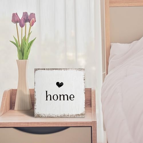 Home Sign, Home Signs for House Decor, Welcome Sign, Rustic Farmhouse Desk Decor Wood Block Box Plaque for Living Bedroom Room Wall Shelf, Housewarming Gifts, 8x8inch - Image 5