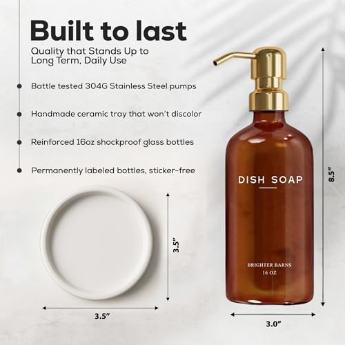 Luxury Glass Dish Soap Dispenser for Kitchen Sink by Brighter Barns - Kitchen Soap Dispenser Set with Pump & Ceramic Tray - Refillable Glass Bottle for Liquid - Luxury Home Decor for Gift (Amber/Gold) - Image 3