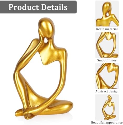 Sandstone Resin Thinker Statue Style Abstract Sculpture, Gold, Left - Image 4