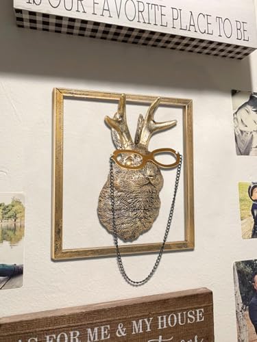 Newinhome Animal Heads Wall Decor (Includes Metal Frame) Resin Animals Sculptures Head Wall Hanging Decoration Gold vintage Wall Sculpture for Living Room Bedroom Office(Jackalope) - Image 5