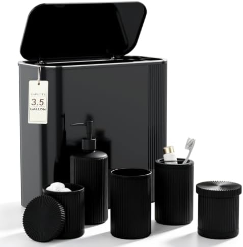 Black Bathroom Accessories Set, 3.5 Gal Trash Can with Press-Top Lid, Glass Bathroom Set, Soap Dispenser, Toothbrush Holder, Tumbler, Qtip Holders, Vintage Bathroom Sink Set Cute Bathroom Decor by BSSN