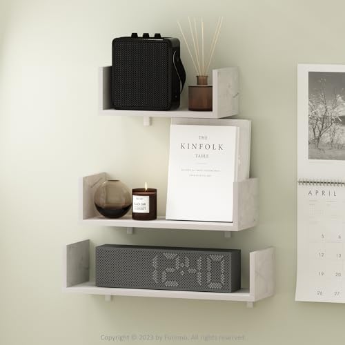 Furinno Rossi Bedroom Decor Wall Mounted Floating Display Shelves with Invisible Brackets, Set of 3, Marble White - Image 2