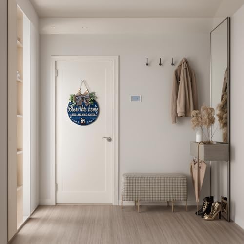 3D Bless This Home and All Who Enter Wooden Front Door Signs，Door Decorations Hanging,Christian Jesus Home Porch Wall Decor，Spring Wreaths，Door Wreaths for Front Door Outside All Season（Blue） - Image 4