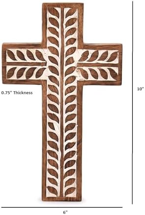 NIRMAN Mango Wood Religious Catholic Cross Wall Hanging Floral Carvings Living Room Home Décor for Entryway Office Living Room (10" x 6" x 0.75") - Image 6