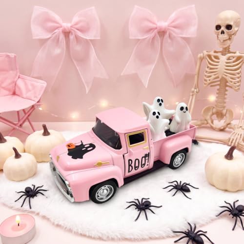 Pink Halloween Ghost Decor Vintage Metal Truck with 3 Mini Ghost Figurines by Teeloray
