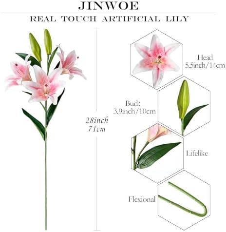 JINWOE 2 Pcs Pink Stargazer Lily Artificial Flowers, Long Stem 28" 6 Heads Artificial Lily Silk Flowers, Full Bloom Easter Faux Tiger Lily for Christmas Home Hote Tall Vase Arrangement Decor - Image 7