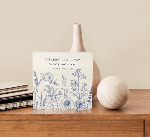 Ku-Dayi Blue and White Flowers Bible Verse Wooden Box Sign, Scripture Christian Wood Box Decorations for Church Home, His Mercies Are New Every Morning Wooden Block Plaque Desk Shelf Decor 5x5 Inch - Image 5