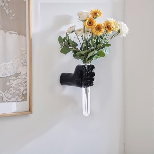 Black Resin Wall Mounted Hand Vase with Glass Tube, Gothic Wall Sculpture - Image 2
