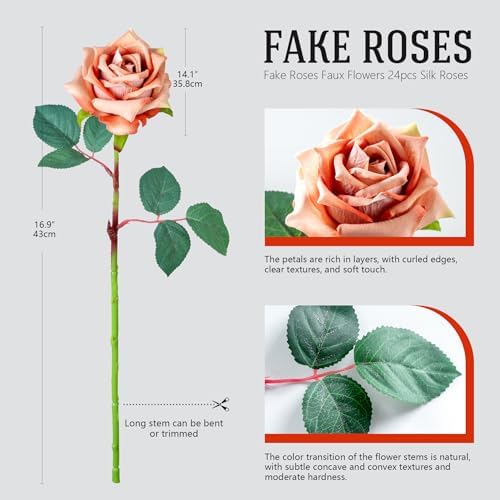 Ttranewsoo 24PCS Burgundy Artificial Flowers, Black Red Fake Roses with Stems for Fall Floral Arrangements, Autumn Centerpieces, Weddings & Home Decor, 16.5 Inch - Image 2