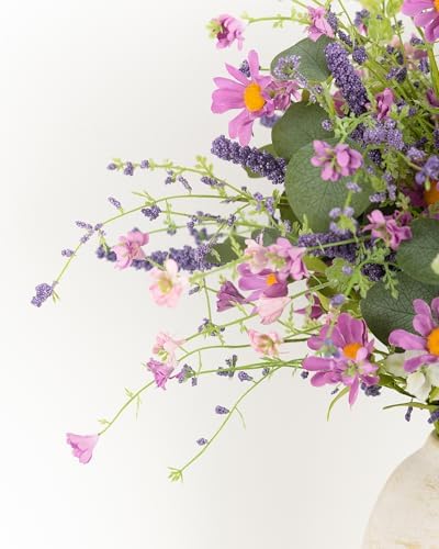 20" Artificial Flowers Bouquet for Vase Indoor, 6 stem Faux Silk Daisies Lavender Silver Dollar Eucalyptus Leaves Wildflower Floral Arrangement Home Decor for Living Room Dining Table Entryway - Image 6