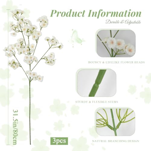 3Pcs Artificial Wildflowers White Long Stem Faux Silk Flowers for Tall Vase - Image 2