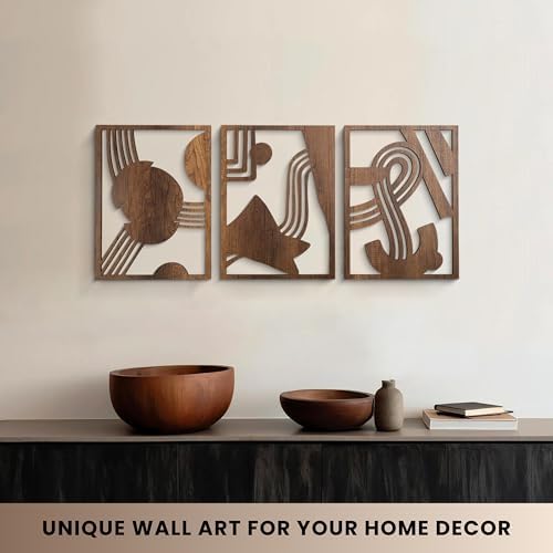 qmmp Modern Wooden Wall Sculptures - Set of 3 - Home Decor Accent - Large Wall Art for Living Room, Bedroom, Office - Easy Installation (Walnut, Medium - Abstract Shapes) - Image 2