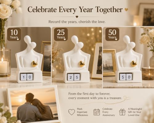for Couples & Parents, Modern Ceramic Couple Sculpture with Fixed Gold Heart, Abstract Embrace Figurine Displays Anniversary Years 01-98, Wedding Home Decor, 7.3 Inch - Image 3